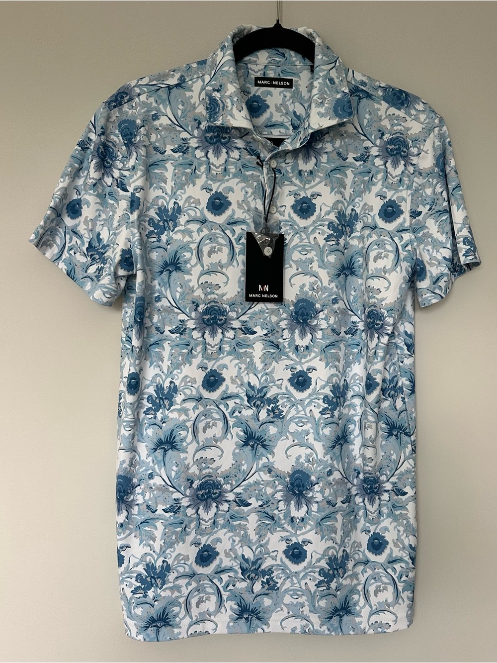 Marc Nelson Men Golf Polo Shirt Size Small NWT Blue White Damask Floral Stretch